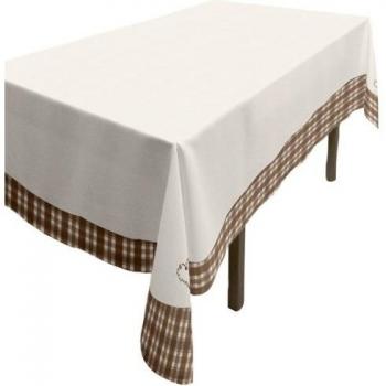 Mantel rectangular bordado estampado Vichy polialgodón gris topo Vosges 140x300 cm