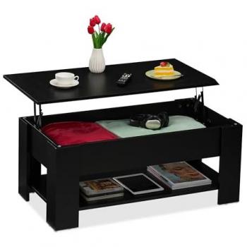 Mesa de Centro Elevable con Almacenaje y Balda, 42x98x50 cm, Negro - Relaxdays