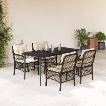 5-Piece Brown Poly Rattan Garden Dining Set with Cushions