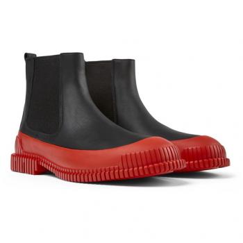 Camper Pix - Men's Leather Ankle Boots with Wavy Sole in Black and Red