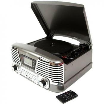 GPO Retro Memphis Turntable 4in1 Music System with Built in CD and FM Radio Silver