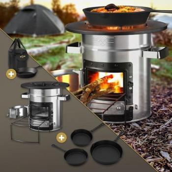 Estufa Rocket de Camping BBQ#BOSS con Juego de 3 Sartenes y Placa de Asar de Hierro Fundido, Horno de Barbacoa de Acero Plateado con Soporte para Leña y Bolsa de Transporte
