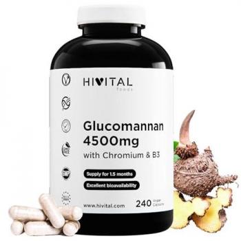 Glucomanano 4500 mg. 240 cápsulas veganas - Hivital, fibra vegetal de raíz de Konjac con Cromo y Vitamina B3, saciante natural ideal para mujer y hombre