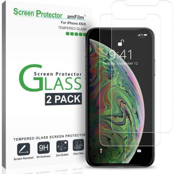 amFilm Protector de Pantalla para iPhone XS/X, Cristal Vidrio Templado Protector de Pantalla con Bandeja de Instalación Rápida para Apple iPhone XS/X