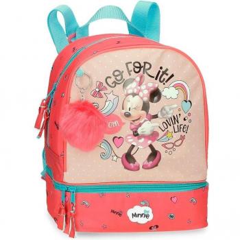 Mochila Infantil Minnie Lovin Life 28cm Rosa con Compartimento para Merienda - Microfibra Multicolor