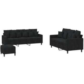 Juego de sofás con cojines 3 piezas terciopelo negro Vidaxl, incluye tres piezas, fabricado en terciopelo negro, ideal para salón hogar, con cojines incluidos