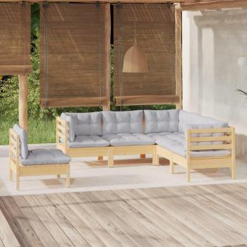 5-Piece Pinewood Garden Lounge Set with Grey Cushions