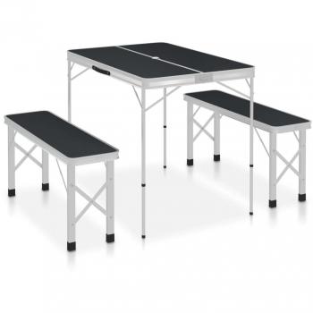 Mesa de camping plegable con 2 bancos y paneles en aluminio gris