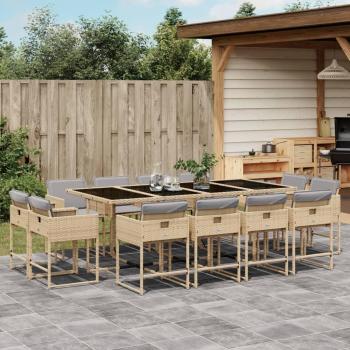 Set comedor de jardín con cojines 13 pzas ratán sintético beige