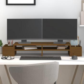 Soporte para Monitor Elevador de Oficina en Madera Maciza de Pino Color Marrón Miel 100x27.5x15 cm