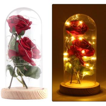 Rose Artificial Silk Sparkle Rose con pantalla de vidrio 20-LED Strip light Blanco cálido Gran regalo para el día de San Valentín Día de la madre Cumpleaños de Navidad
