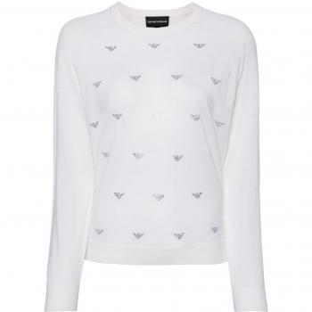 Emporio Armani Women's White Wool Crewneck Sweater with Rhinestone Logo - Size XS