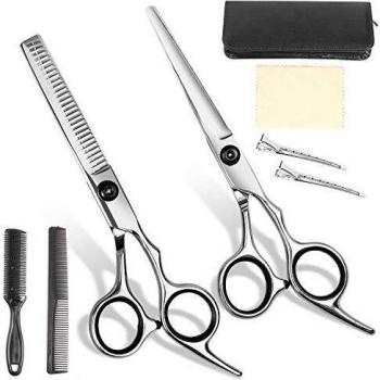 Tijeras Peluqueria Profesional, Fityou 9pcs Juego de Tijeras Profesional con Navaja Kit Tijeras de Peluqueria completa Acero Inoxidable 6 pulgadas con Peine de Maquinilla de Afeitar, Clips