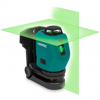 VONROC Láser de líneas cruzadas 360° recargable verde 4V 2600mAh autonivelante alcance ±40 metros gran visibilidad en entornos luminosos incluye soporte cable USB-C y bolsa de herramientas