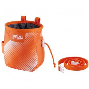 Bolsa de tiza Petzl Saka Naranja/Blanco, bolsa para magnesio, diseño ergonómico, cierre con cordón, fácil acceso al magnesio, bolsillo externo para objetos pequeños, material resistente y duradero
