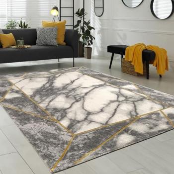 Alfombra Redonda 3D Diseño Mármol con Borde Gris y Plata, Pelo Corto Ø 160 cm