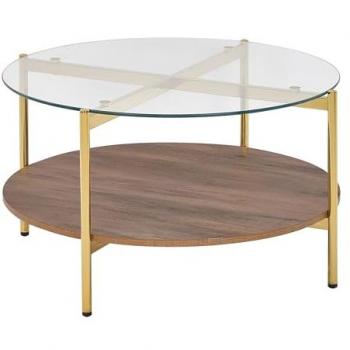 Mesa de centro moderna Lovell con tablero de vidrio templado, estructura de metal, 1 estante de madera oscura y acabado dorado
