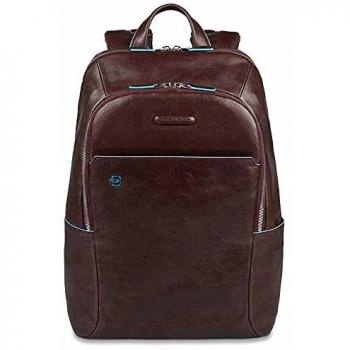 Piquadro Blue Square Dark Brown Leather Backpack with Padded Compartment for Laptop, Size: ONE SIZE