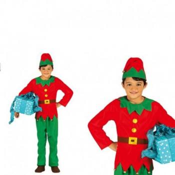 Disfraz de Elfo Rojo y Verde para niño, incluye chaqueta verde con detalles rojos, pantalones a rayas rojas y verdes, gorro puntiagudo rojo con cascabeles, cinturón negro y zapatos de el