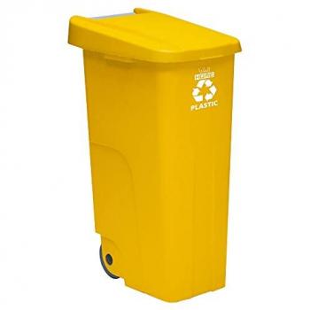 Contenedor Wellhome Reciclo 110L Cerrado con Tapa y Ruedas, color amarillo, ideal para reciclaje de plásticos