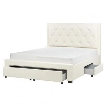 Cama Matrimonial con Almacenaje de Terciopelo Crema 160 x 200 cm, Cabecero Alto Capitonné Glamuroso Lievin