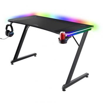 Mesa Gaming Trust GXT710 Luminus Pro RGB 120x60 con Cargador Inalámbrico de 10W Integrado, Negro, 10 Modos de Color, Portabicchiere y Ganchos para