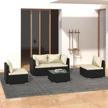 5-Piece Black Poly Rattan Garden Lounge Set with Cushions