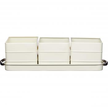 Juego de macetas para hierbas de acero con plato, 39 x 12 x 10 cm, diseño vintage en color beige