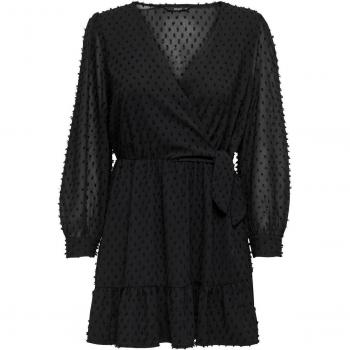 Only Tiva Women's Black Dobby Fake Wrap Dress with Ruffle Hem