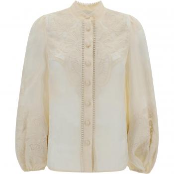 Zimmermann Women's Embroidered Linen Blouse Shirt in Beige | Size 2 | 1140TSS242CRM