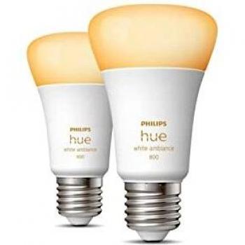 Philips Hue White Ambiance A60 E27 LED Smart Bulb Twin Pack, 6W, Dimmable, Warm to Cool White Light