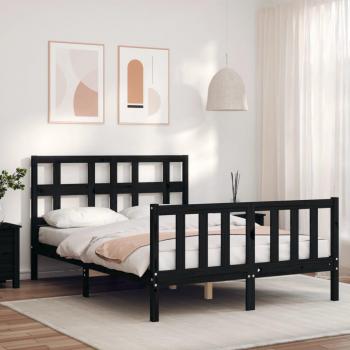 Cama de matrimonio con cabecero negro pequeño de madera maciza