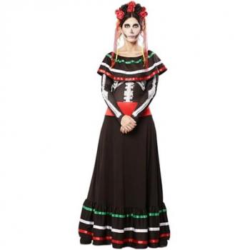 Disfraz de Catrina para mujer con detalles coloridos, vestido largo, sombrero decorado y maquillaje facial incluido