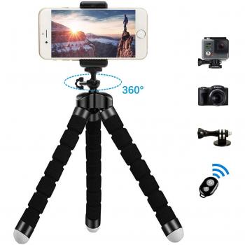 Zommuei Mini Trípode, Trípode Móvil Flexible con Bluetooth Control Remoto y Adaptador Smartphone, Piezas Gopro Portátil Trípode con Tornillo 1/4'' para iPhone, Samsung, Huawei, GoPro Cámara Digital