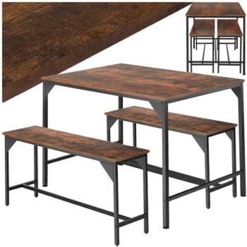Conjunto de mesa y bancos Bolton 2 + 1 - Estilo industrial minimalista, incluye mesa y 2 bancos, tableros de MDF con revestimiento protector de melamina, marco de acero sólido y estable con revestimiento en polvo