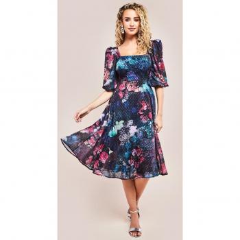 Goddiva Puff Sleeve Shirred Back Midi Dress - Black, Multicolour, Size 16 UK