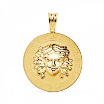 Colgante Oro 18k Gorgona 25 mm con Relieve Brillante y Detalles Greca Matizados - Incluye Grabación