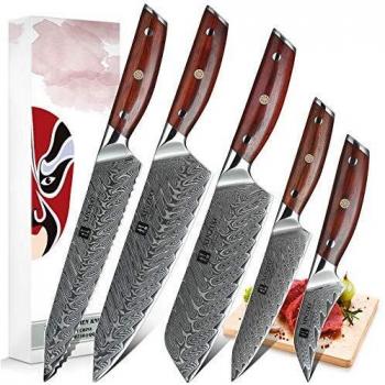 XINZUO 5 Piezas Set Cuchillo Cocina Acero de Damasco, Profesional Cuchillo de Cocinero Japonés Cuchillo Chef Santoku Universal Fruta Cuchillo de Pan con Ergonómico Mango de Rosewood -Yi Serie