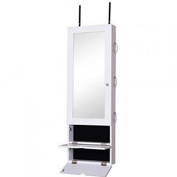 HOMCOM Espejo Joyero Armario de Joyería Montado en Pared o Colgado en Puerta con 2 Cajones Altura Ajustable 35.5x9.5x102cm