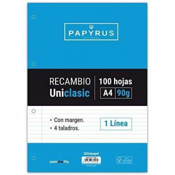 Unipapel Recambio de Hojas con 1 Línea, 4 Taladros, 90 g, con Margen, Paper, Blanco, A4, 100