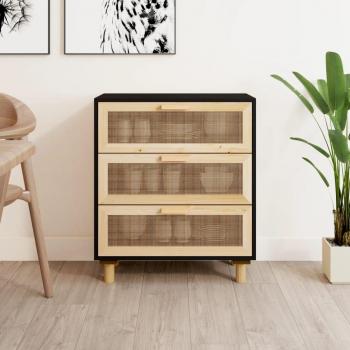 Aparador de Madera de Pino Maciza y Ratán Natural 60x30x70 cm - Mueble de Almacenaje para Salón, Buffet, Armario Auxiliar, Armario de Almacenamiento en Color Negro