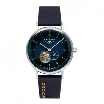 Bauhaus Automatic Open Heart Men's Watch with Brown Leather Strap, Blue Dial, Mechanical Self-Winding, Made in Germany