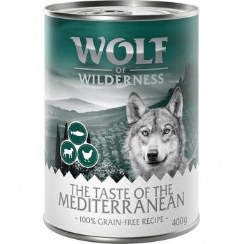 Wolf of Wilderness 24 x 400 g - Pack Ahorro - The Taste Of The Mediterranean con Cordero, Pollo y Trucha