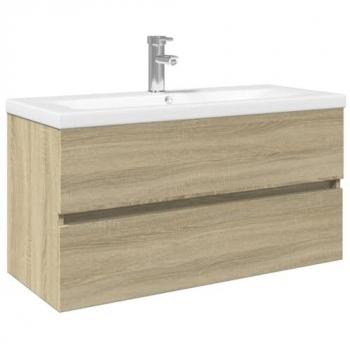Conjunto de muebles de baño 2 piezas en cerámica y madera multicapa, incluye armario de baño y armario de almacenaje de aseo