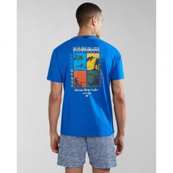 Camiseta de hombre Napapijri S-Gras de manga corta azul luminoso con dibujo trasero - Talla L