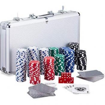 Relaxdays Maletín Póker con Llave, Set con 300 Fichas, 2 Barajas, 5 Dados y Botón Dealer, Aluminio-Plástico, Plateado