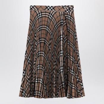 Burberry Women's Check Pattern Pleated Midi Skirt in Beige | Size 4 | 8093011158995