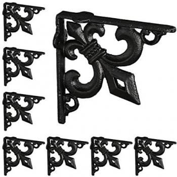 Escuadras Retro Envejecidas de Hierro Fundido con Flor de Lis - 8 Soportes para Estantería Negros