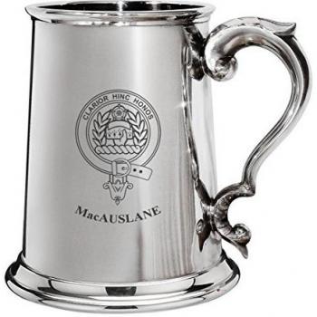 MacAuslane Family Crest Polished Pewter 1 Pint Tankard with Scroll handle