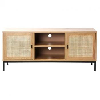 Mueble de TV 2 puertas con rejilla de ratán y 2 baldas - 120 cm marrón